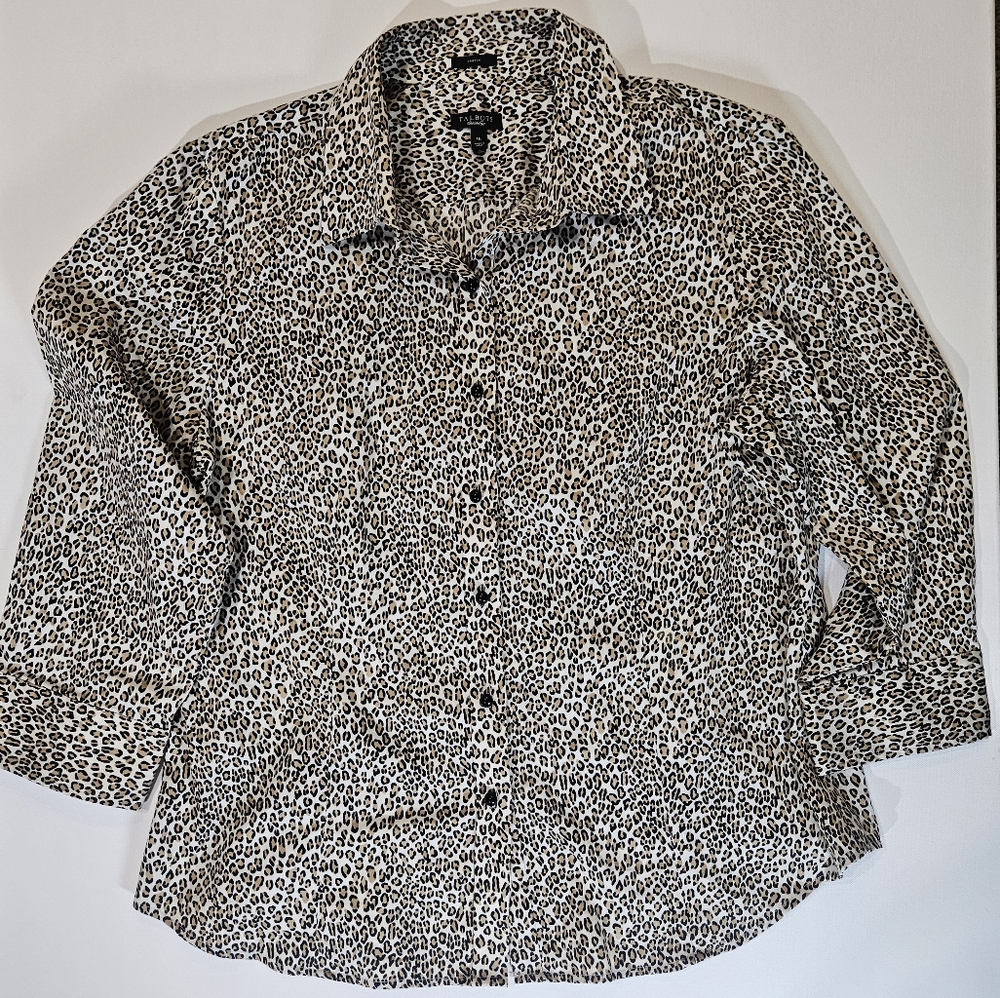 Talbots Button Down Shirt Womens 16 Leopard Print Stretch Cocktail Night Out Top